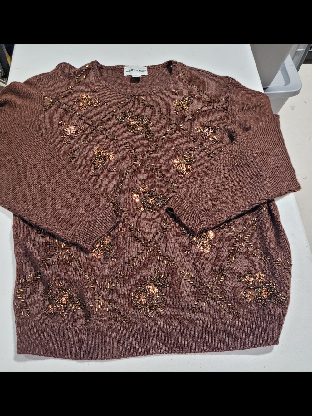Alfred Dunner Brown Sequin Floral Crewneck Sweater - Picture 1 of 4